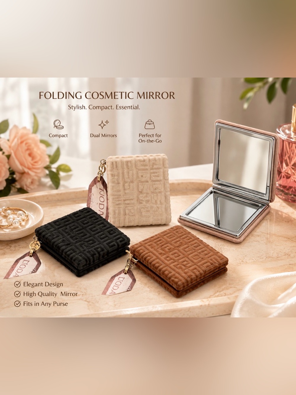 Folding Cosmetic Mirror - Black, Cream & Brown